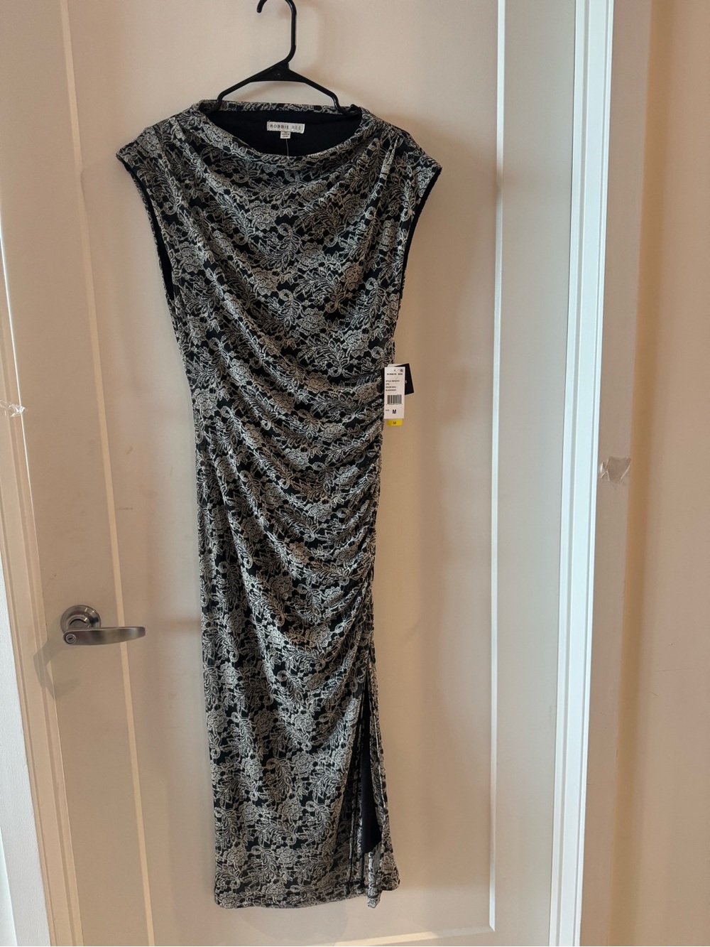 Robbie Bee Black and Cream Lace-Print Midi Dress